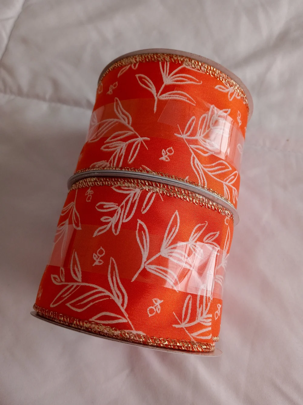 Orange Floral Ribbon Roll with Gold Trim